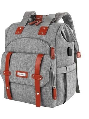 Falaniko Gray Backpack with Brown Trim Travel & Commuter Bag USB Charging Port